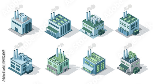 Isometric Collection of Various Industrial Factory Buildings with Smoking Chimneys and Modern Architecture