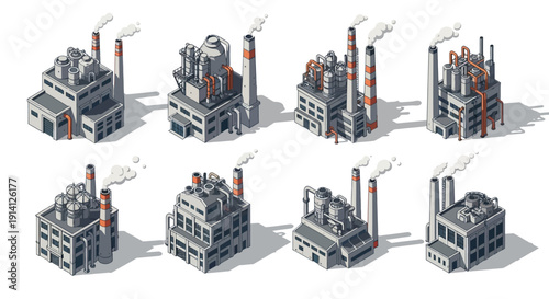 Set of isometric industrial factory buildings with smoking chimneys, representing manufacturing and production processes