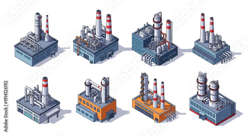 Isometric illustration of several industrial factory buildings, symbolizing production and manufacturing