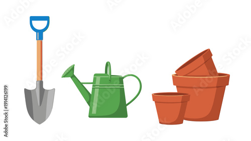 A flat lay of a shovel, green watering can, and terracotta pots on a white background with a gardening theme.