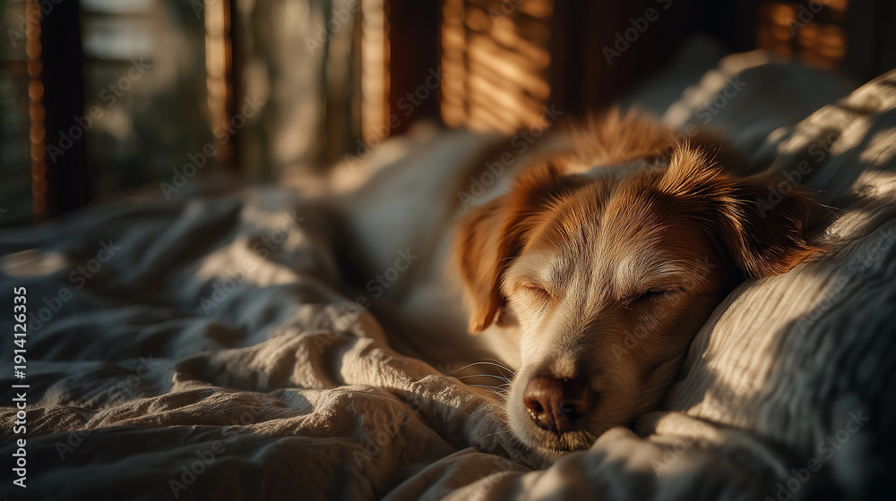 Obraz premium Cozy Canine Naptime: A serene canine peacefully sleeps on a bed, wrapped in warm blankets, bathed in the soft glow of sunlight. Reflecting comfort and tranquility.
