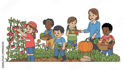 A diverse group of children and a woman harvesting vegetables and fruits in a garden with a vibrant and lively atmosphere.