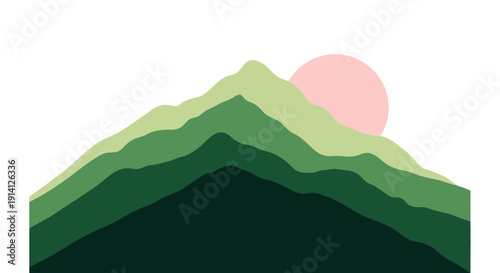 Minimalist mountain landscape with pink sun and green hills