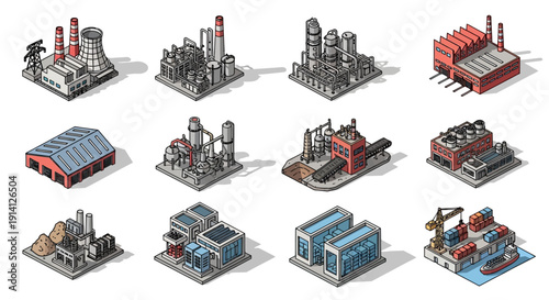 Isometric industrial buildings and factories with diverse machinery and structures