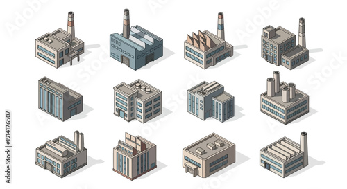 Collection of isometric factory and industrial building illustrations on a white background