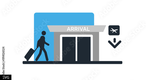 Airport Arrival Icon: Man with Suitcase Entering Building
