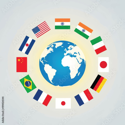 Circle of World Flags Surrounding a Globe Representing Global Travel and Unity.