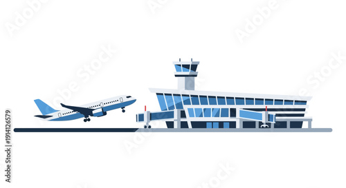 Airplane Taking Off From Modern Airport Terminal Building