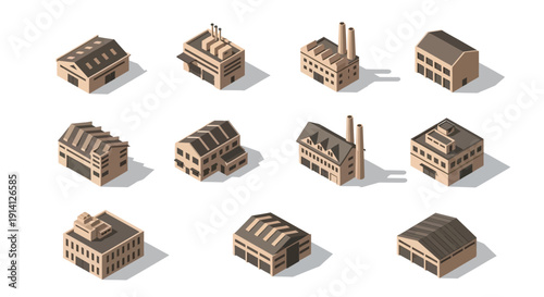 Collection of isometric buildings representing industrial structures and commercial warehouses, ideal for urban planning and architectural visualizations