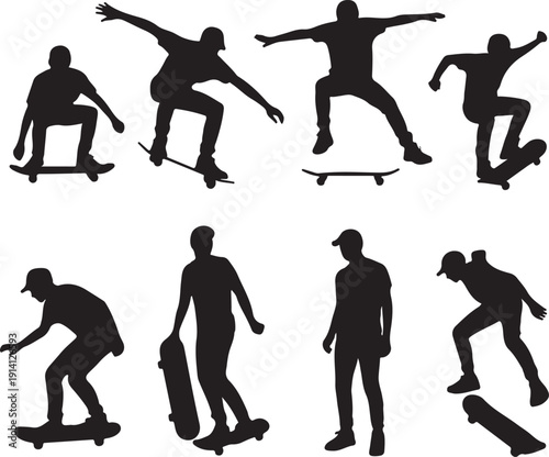 Silhouette of skateboarder performing various stunts and poses