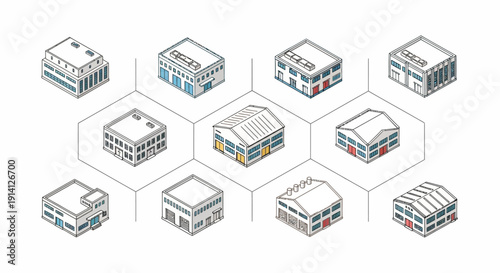 Isometric 3D warehouse and factory building icons for industrial and logistics purposes