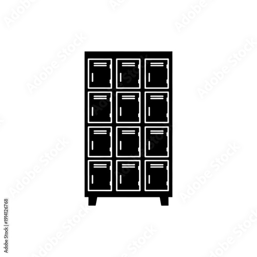 A dark rectangular locker unit with fifteen compartments a stark silhouette