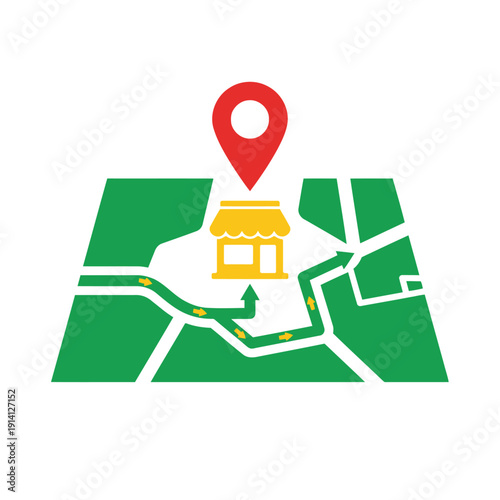 Minimalist local SEO icon — digital map route to store with red location pin flat vector green yellow