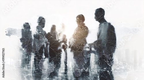 Business team silhouettes against bright backdrop with a digital world map and network connections, symbolizing global communication, tech driven collaboration and international networking