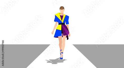 Fashion Model Walking on Runway in Colorful Geometric Dress