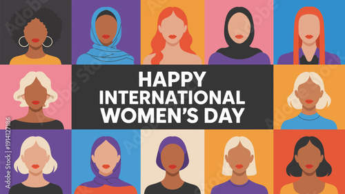 happy international women’s day diverse women portraits grid illustration celebrating equality empowerment and unity