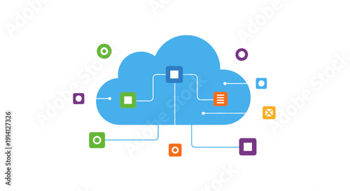 Cloud computing network diagram with data flow and connections