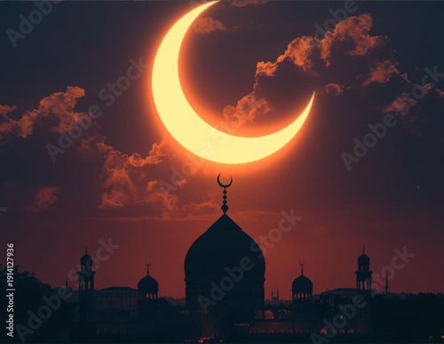Crescent moon shining brightly over mosque silhouette at sunset
