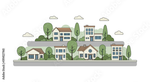 Charming Suburban Neighborhood with Houses, Trees, and Clouds - Flat Illustration