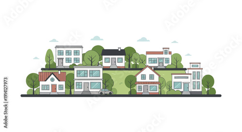 Suburban street with modern houses, trees and green hills, flat design illustration
