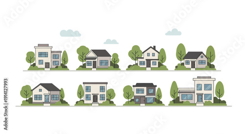 Collection of Diverse Modern Houses and Green Trees on White Background