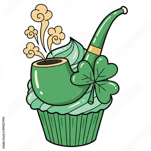 St Patricks Day Green Cupcake with Smoking Pipe and Shamrock for T Shirt Design
