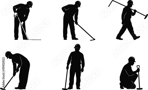 Black vector silhouette set of manual construction workers and laborers using various tools like shovels and hoes for industrial maintenance roadwork and building branding,