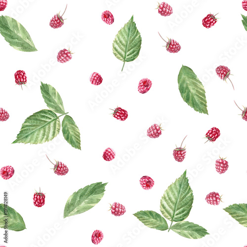 A seamless pattern with a scattering of ripe raspberries and leaves. Isolated watercolor illustration for branding herbal tea packaging, restaurant menus, kitchenware designs, and postcards.