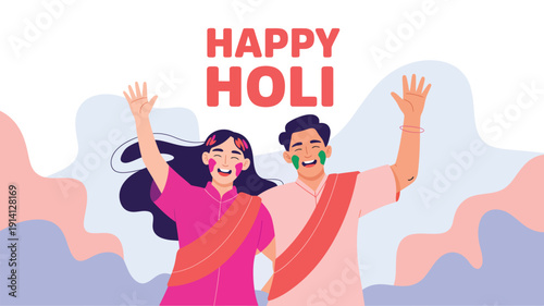happy holi celebration with smiling couple in traditional attire colorful indian festival illustration