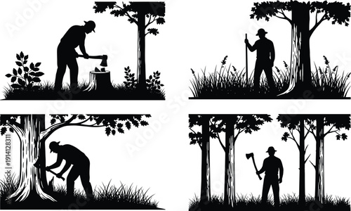 Black vector silhouette set of lumberjacks and foresters chopping wood and felling trees in a forest for woodworking timber industry and outdoor labor branding,