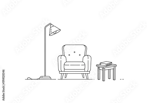 Modern Living Room Furniture Arrangement With Armchair Floor Lamp And Side Table Featuring Stacked Books Minimalist Outline Drawing