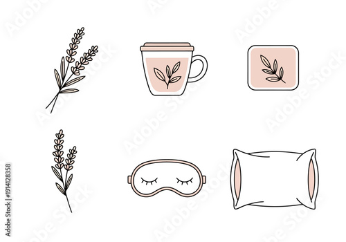 Relaxing Elements Collection Icons Representing Rest Sleep Wellness And Calmness With Lavender Flowers Cup Sleep Mask And Pillow Isolated On White