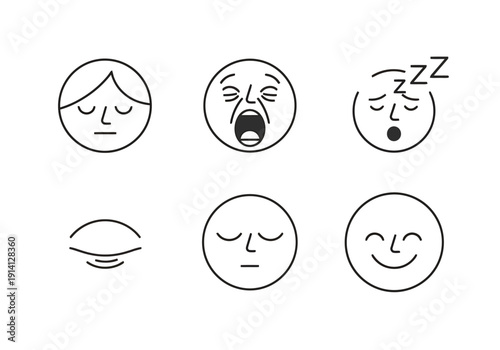 Collection of Simple Outline Faces Expressing Different Emotions and States Including Sleepy Yawning Tired Resting Happy and Awake