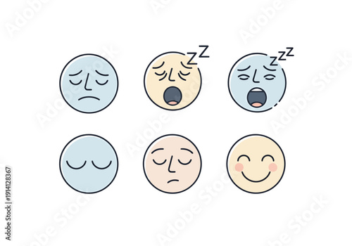 Collection Of Different Emotion Faces Showing Sleepy Tired Sad And Happy Feelings Represented By Simple Icons For User Interface Design Or Emoticon