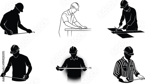 Black vector silhouette set of professional construction workers and carpenters wearing hard hats and using measuring tapes for industrial labor building and engineering branding,