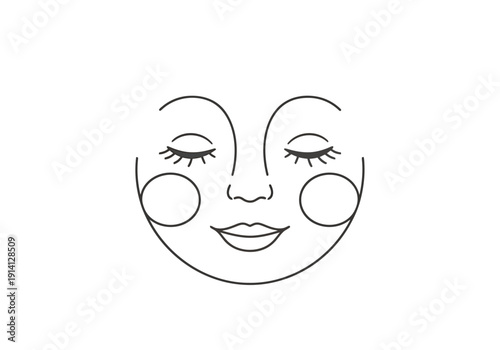 Whimsical Celestial Face Element with Closed Eyes and Rosy Cheeks Simple Outline Art on White Background for Design Projects