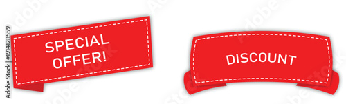 Special offer and discount red ribbon banner set with dashed line stitch and shadow effects for marketing promotion tag elements isolated on transparent background for retail sales and advertising
