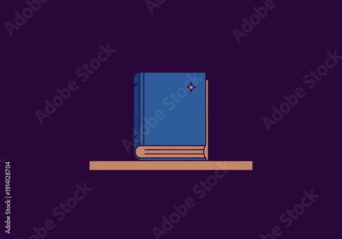 A closed blue textbook rests on a simple wooden shelf against a deep violet backdrop symbolizing education and knowledge acquisition with a minimal
