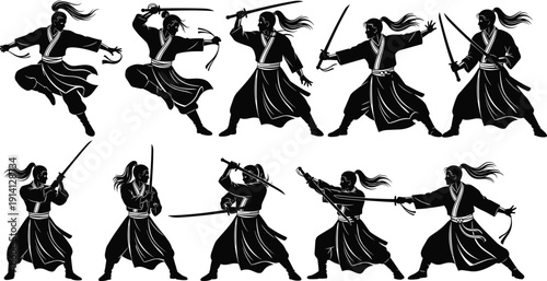 Black vector silhouette set of samurai warriors and ninja fighters in various combat poses with katanas for martial arts tradition history and action branding,