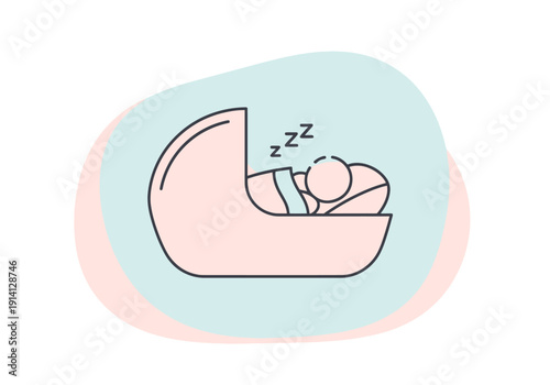 Infant resting peacefully in a modern carrycot with gentle pastel background shapes representing calm and serenity for early childhood development