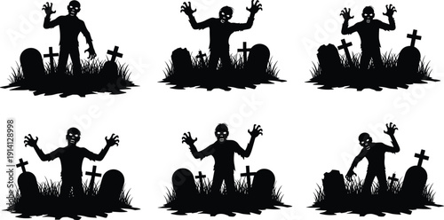 Black vector silhouette set of scary zombies rising from graves in a cemetery for Halloween party invitations horror movie posters and spooky branding design,