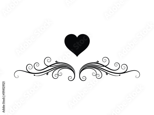 Decorative flourish with a solid black heart above, elegant vector