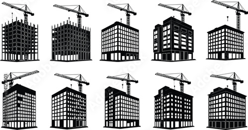 Black vector silhouette set of various multi story office buildings under construction with tower cranes for urban development architecture engineering and commercial real estate,