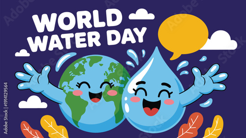 world water day cute earth and water drop characters colorful environmental awareness illustration