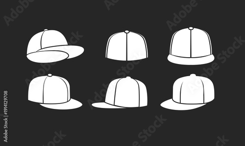 White Silhouette Baseball Cap and Flat-Brim Hat Icons Set. Graphic collection of modern athletic and casual headwear illustrations from various angles on a dark background.