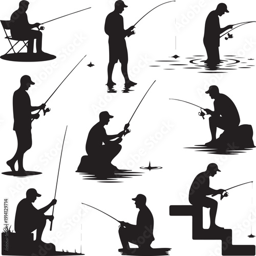 Silhouettes of people fishing in various poses and locations outdoors
