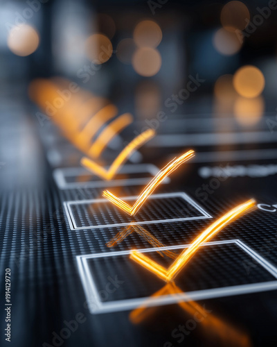 Illuminated Checklist: A close-up shot of a modern checklist illuminated with a warm orange glow, signifying tasks accomplished and goals achieved.