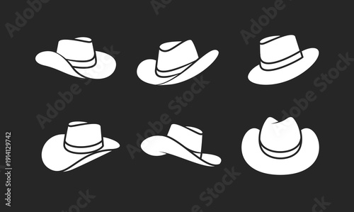 Cowboy Hat Icons Set - White Western Headwear Collection Vector Graphic