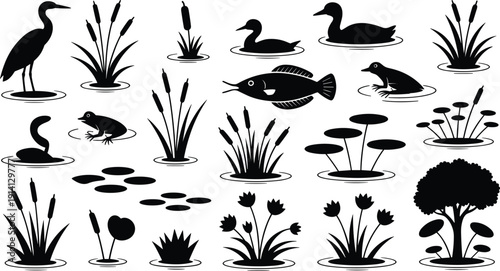 Black vector silhouette set of wetland wildlife including herons ducks fish and frogs with aquatic plants like cattails and lily pads for nature branding