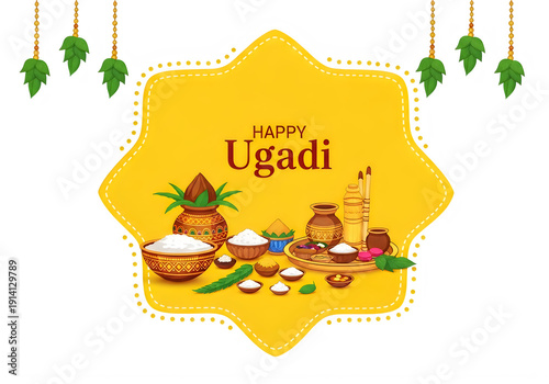 Happy Ugadi Festival Tray with Offerings, Coconut, and Traditional Pots